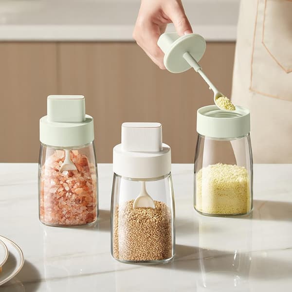3-pack 230 ml kryddburkar i glas med infällbara skedar och lufttäta lock
