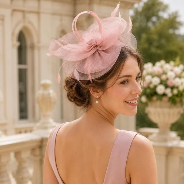 Rosa fjær-fascinator for kvinner, hodeplagg til bryllup, teselskap og hesteveddeløp