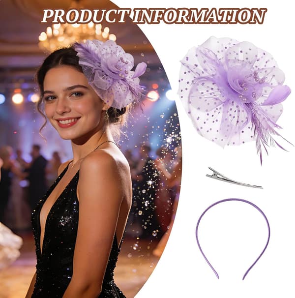 Lilla fascinator til kvinder, hårbøjle med fjer, net-slør og hårklemme til bryllupper