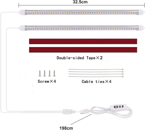 2-stribet fuldspektret LED-vækstlys, 2/4/8 timers timer, 10 lysstyrkeniveauer, USB