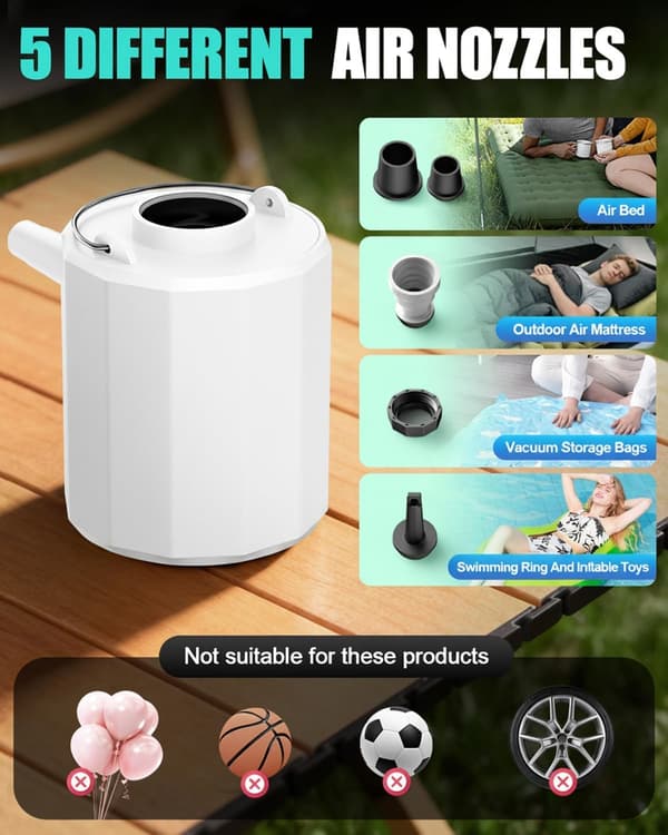 Mini-luftpump med campinglykta, 1600mAh batteri, 5 munstycken