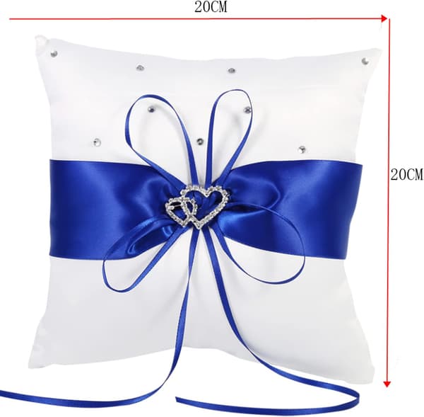 Bryllupspute for ringbærer 20 cm med blå sløyfe og doble hjerter med rhinstein