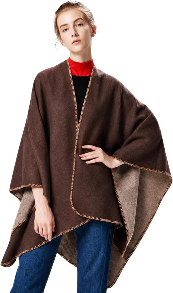 Strikket poncho-sjal til kvinder, vendbar cape med åben front til vinter