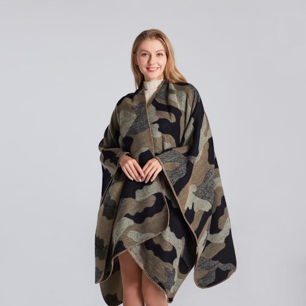Kamouflage Pashmina Sjal Wrap Tjock Varm Poncho Öppen Front Cape for Lady