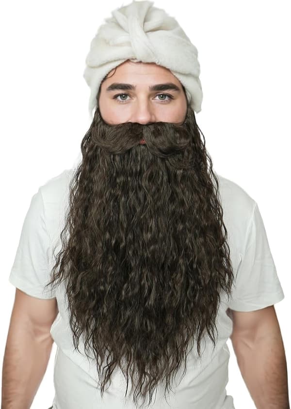Lång lockig grå lösskägg och mustasch för trollkarls-Halloweenkostym