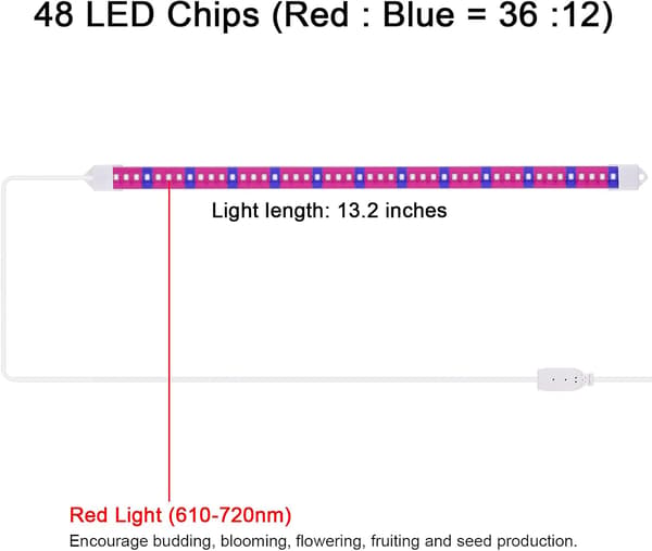 2-stribet fuldspektret LED-vækstlys, 2/4/8 timers timer, 10 lysstyrkeniveauer, USB
