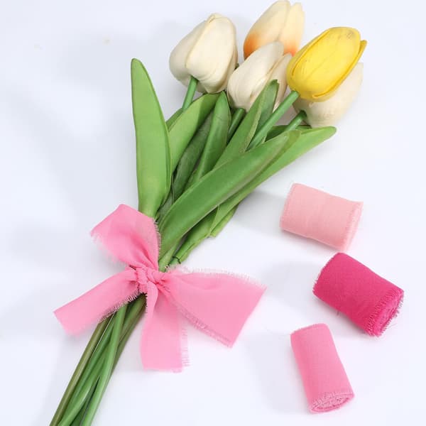 Set med 3 rullar chiffongband 3,8 cm x 5 m rosa fransband för pyssel