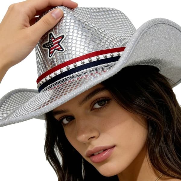 Sølv Paillet Cowboyhat Patriotisk Westernhat til 4. juli