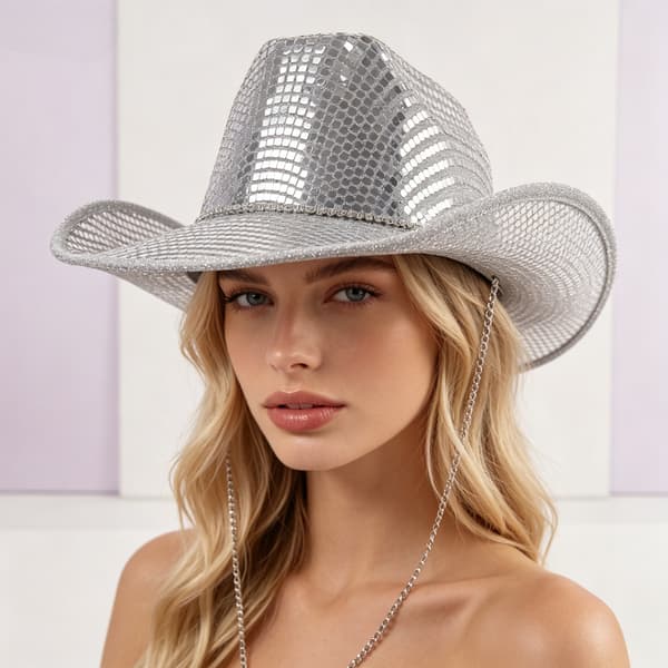 Sølvfarget metallisk cowboyhatt for kvinner med bred brem, diskofest-hatt