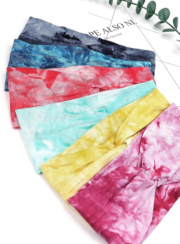6-pak brede tie-dye pandebånd til kvinder, bløde elastiske sportshårbånd