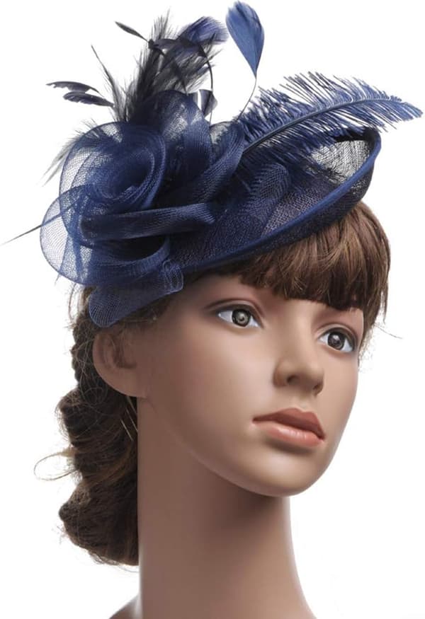 Marineblå fascinator-hatt for kvinner, hodeplagg med fjær og netting til bryllup og fest