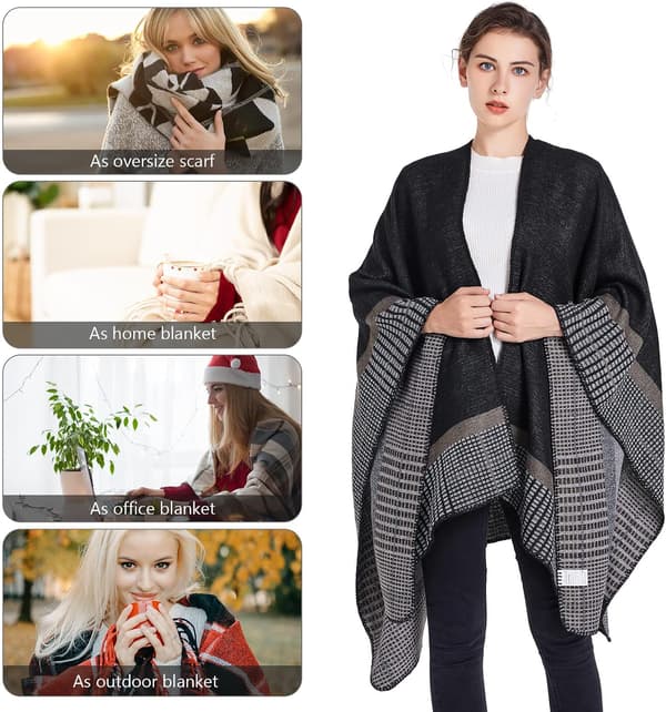 Stickad poncho-sjal för dam, oversized, varm cape-kofta med öppen front