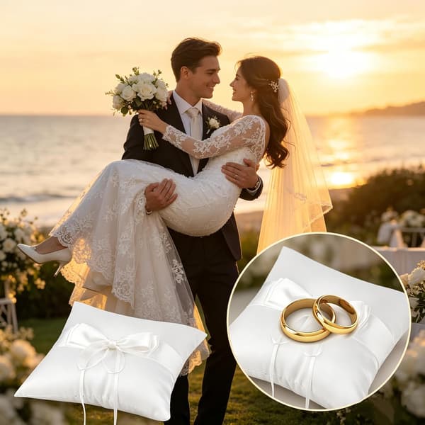 Ringkudde för bröllop, 15 x 15 cm vit satinkudde med rosett och pärla