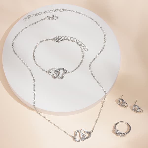 5 STK/Sæt Hjerteformede Smykker Til Kvinder Elegance Rhinestone Dou Silver set