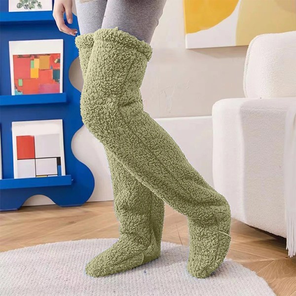 Over Kne High Fuzzy Long Socks Plysjstrømper Benvarmere Vinn Green one size