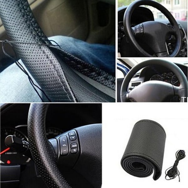 Uusi nahkainen ohjauspyörän suojus autoon ja kuorma-autoon, jossa ompeleet ja lanka Black One Size