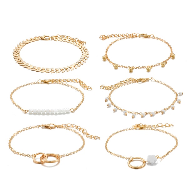 6st/ set Boho Armband Set Kvinnor Tofsar Blad Cirkulära Kedjor Gold