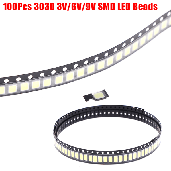 100 stk 3030 SMD LED-perler 1W 3V/6V/9V Kaldt hvitt lys for TV L White 6V