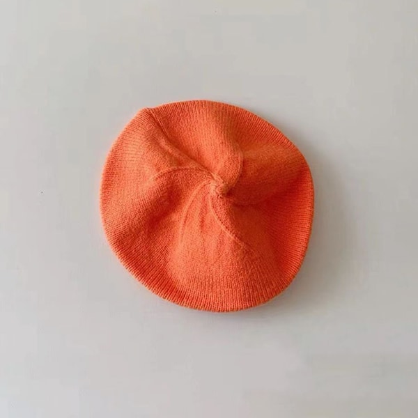 Modebebistickad Beret Hatt Solid Färg Barn Varm Orange