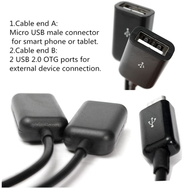 Dobbelt Micro USB OTG Hub Host Adapter Kabel til Tablet PC og Sma Black one size