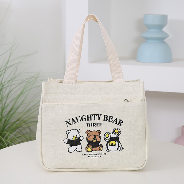 Cartoon e Pattern Canvas Versatile Handbag Office Worker Lunch White