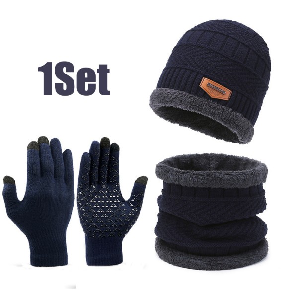 Winter Warm Cap Tørklæde Handske Mænd Termisk vindtæt fortykket Kni Blue onesize