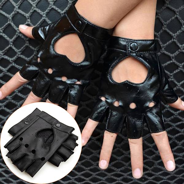 Nya Kvinnor Punk Läder Driving Biker Fingerless Mittens Dance M Black One Size