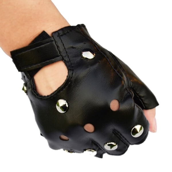 Läder Fingerless Korta Handskar Svarta Nitar Stud Half Finger M Black One Size