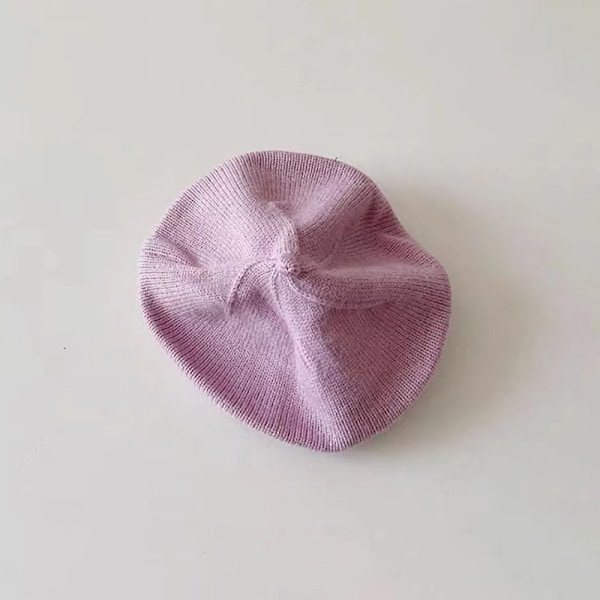 Modebebistickad Beret Hatt Solid Färg Barn Varm Purple