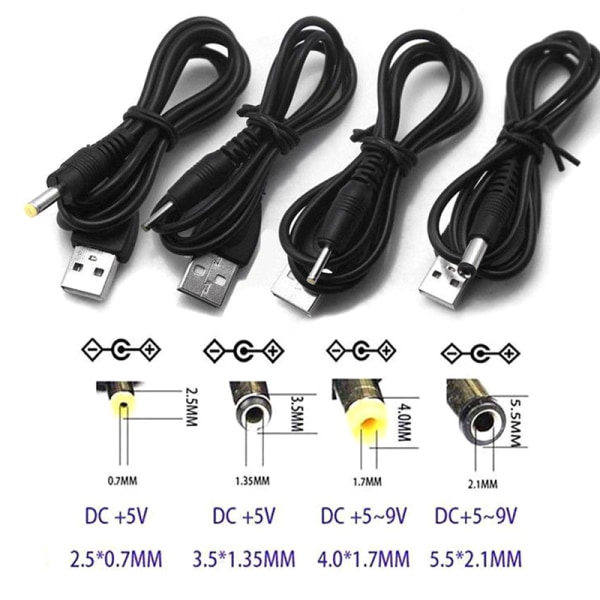 10 st USB port till 2,5 3,5 4,0 5,5 mm 5V DC Barrel Jack Power Cab Black DC4.0 4.0*1.7mm