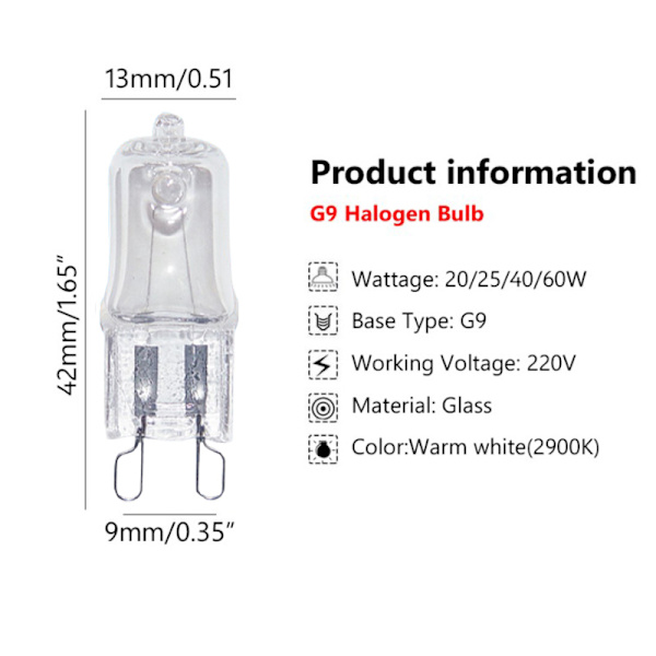 10 stk. ovnpære G9 højtemperaturpære damperlys 25 40W one size