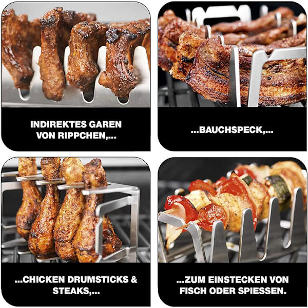 BBQ Rib Rack Multi Grill Rack Rustfrit stål Stege Rack Rib Silver onesize