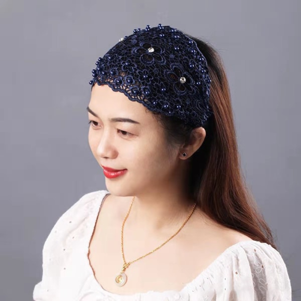 Pearl Lace Brodeerattu Hiuspanta Ontot Ohut Leveälieriset pitsihiukset Dark blue one size