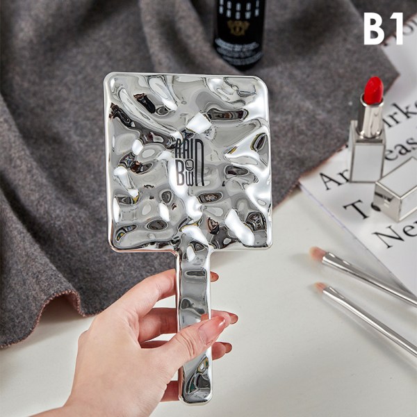 Flydende Form Firkantet Spejl Mini Håndholdt Desktop Cosmetic Make Silver B1