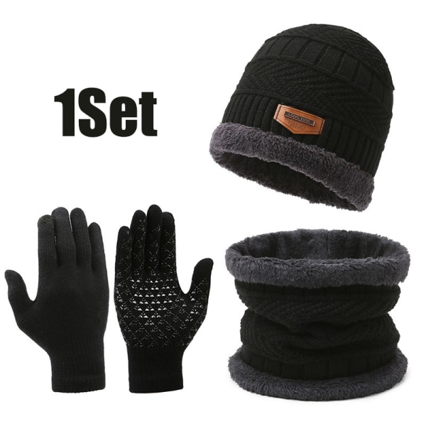 Winter Warm Cap Tørklæde Handske Mænd Termisk vindtæt fortykket Kni Black onesize