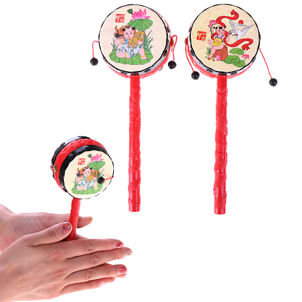 1Pc  traditional spin toy rattle drum kids cartoon hand bell fo one size