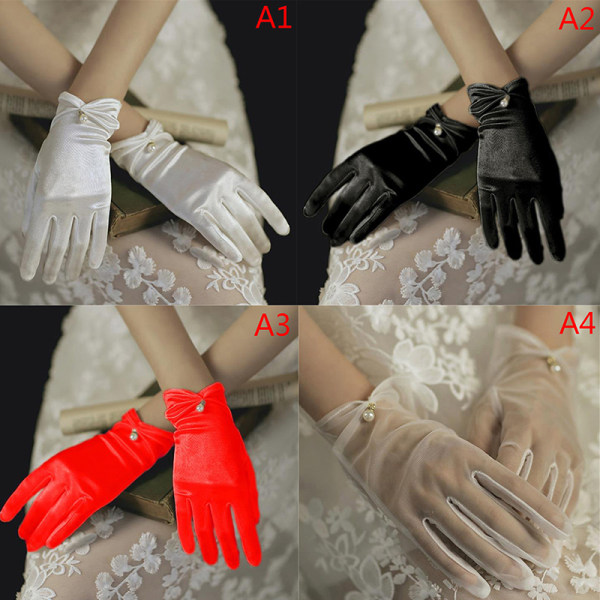 Kvinner Bryllup brude korte hansker sateng full finger håndledd lengde White A1