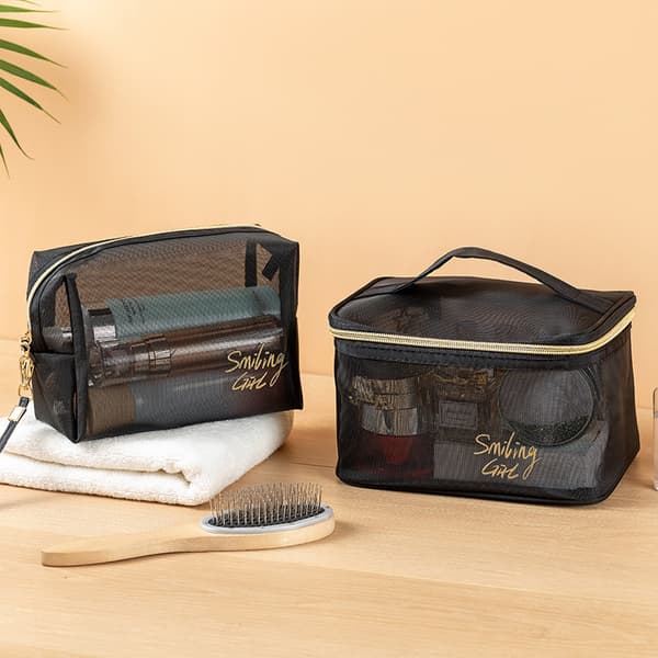 Mesh Makeup Tasker Sort og Hjerte Kosmetisk Taske Bærbar lynlås Black Style 3
