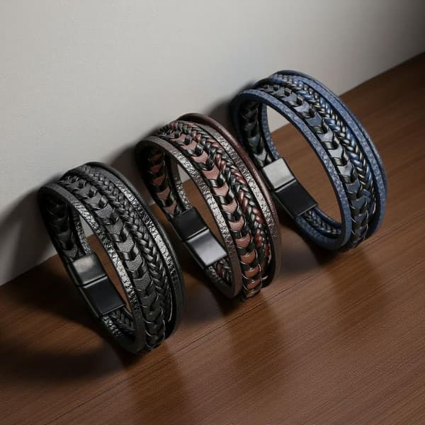 Trendy Mænds Legering Magnetisk Spænde Multi Retro Læder Reb Armbånd A2