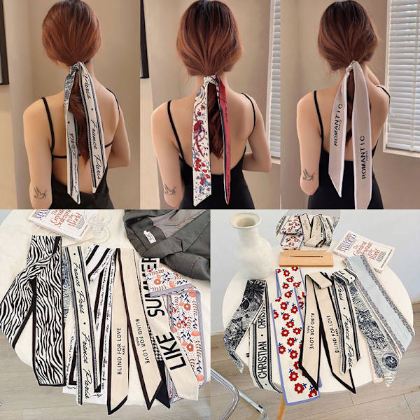 Nytt mode sidenscarf hårband Long Ribbon Bow n Printing Hai A7 one size
