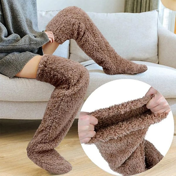 Over Kne High Fuzzy Long Socks Plysjstrømper Benvarmere Vinn Brown one size