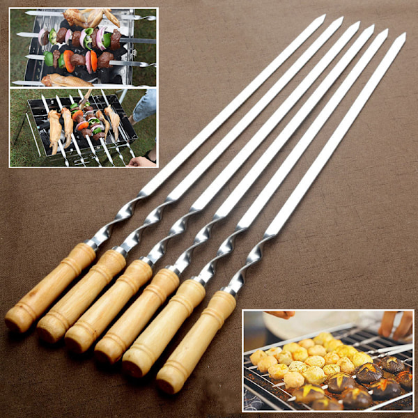 6 stk Rustfritt stål BBQ Flat spyd Utendørs Grill Langt håndtak Brown 6Pcs