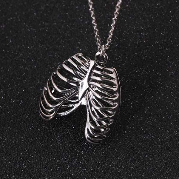 Fashion menneskelige ribben krop bryst skelet vedhæng halskæde vintage Silver One Size