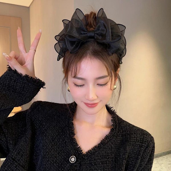 Fashion Retro Svart Mesh Stor Rosett Hårband Hårtillbehör Kvinna Black