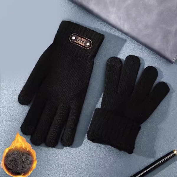 Varm vintertouch-handskar för kvinnor och män, stretchiga klassiska stickade vantar Black