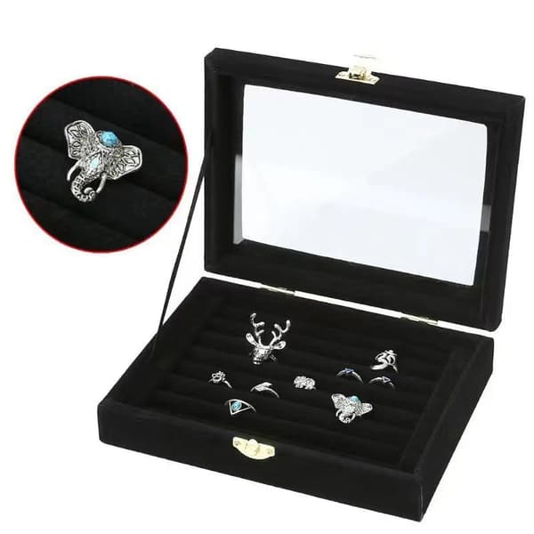 Fløjl Ringe Æske Smykker Display Case Opbevaring Organizer Transpa Gray