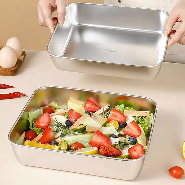 Rustfrit stål Firkantet Plade Bakke BBQ Plade Container Køkken Silver with lid