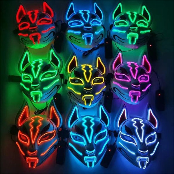 Anime Decor Fox Mask Neon Led Light Cosplay Mask Halloween Par Fluorescent green One Size