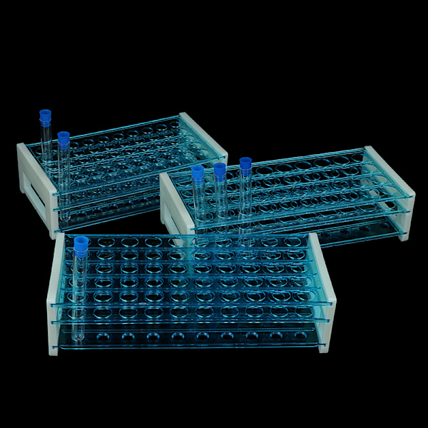 10 kpl Muovisia koeputkia, joissa korkit ja putkitelineen pidike sta 16mm*50Holes(Rack)