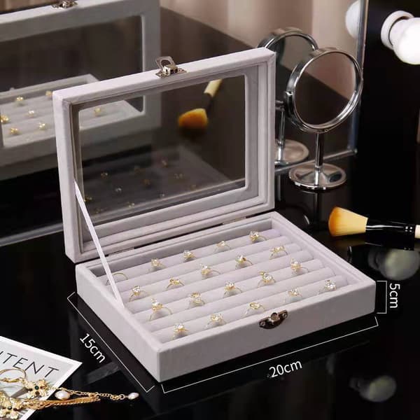 Fløjl Ringe Æske Smykker Display Case Opbevaring Organizer Transpa Gray